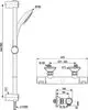Brausethermostat von Ideal Standard mit zwei Anpassungsventilen und einer integrierten Brausestange. Das Produkt zeigt eine schematische Darstellung mit Abmessungen.